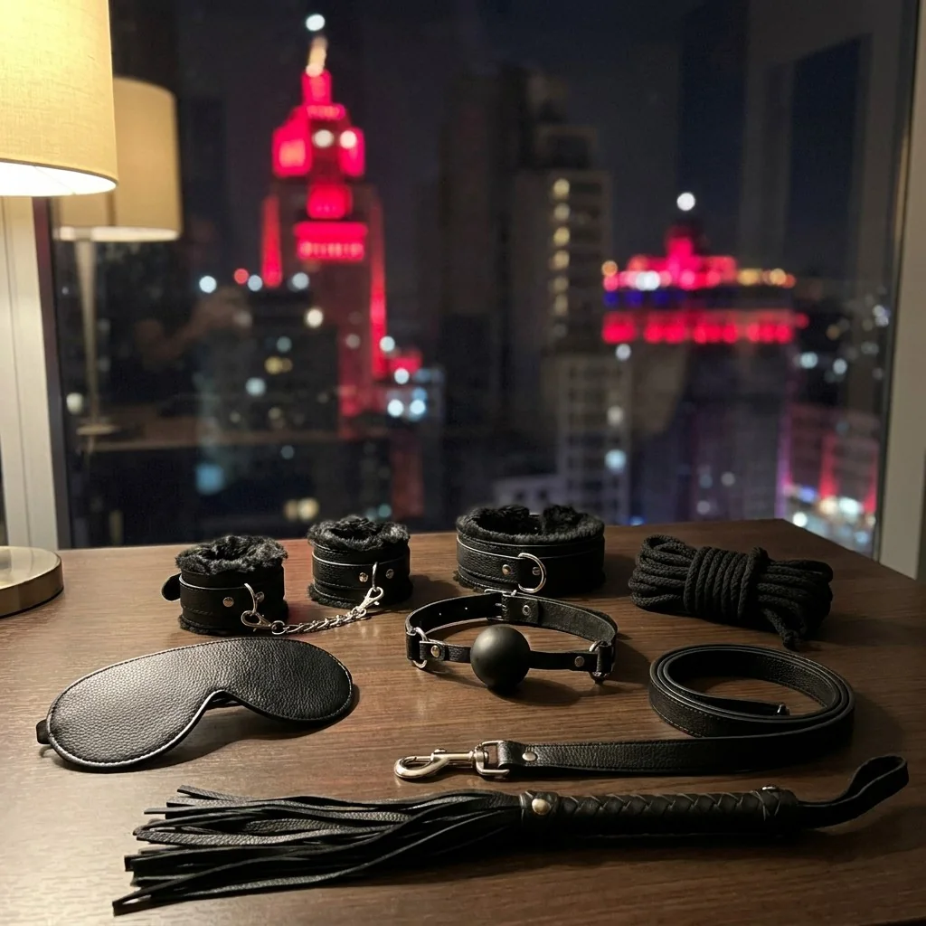 Kit sado preto com venda, algemas, coleira, mordaça, corda e chicote sobre a mesa, com a cidade iluminada à noite pela janela
