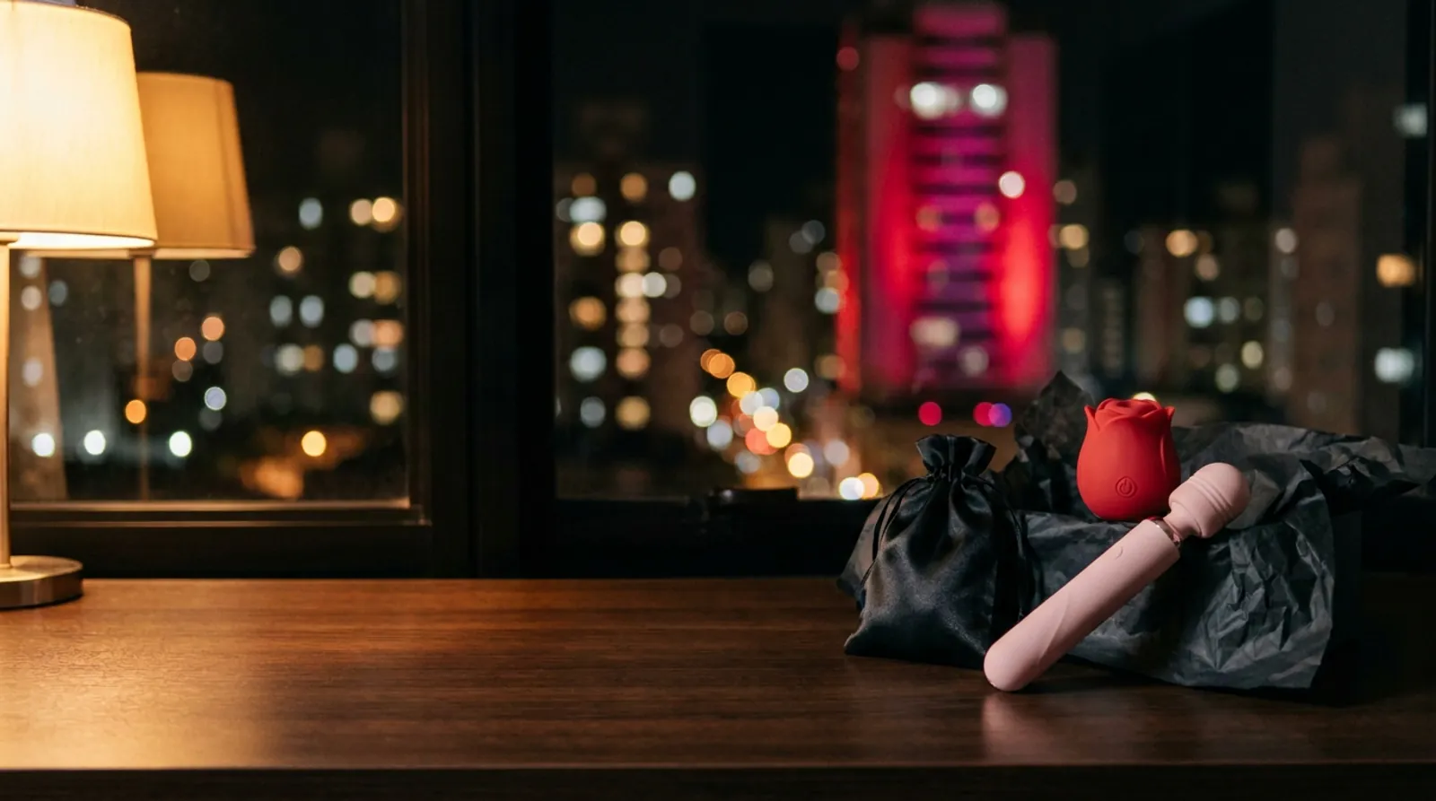 Sugador em forma de rosa vermelha e varinha rosa sobre um saquinho de cetim preto, num balcão à noite com a cidade ao fundo