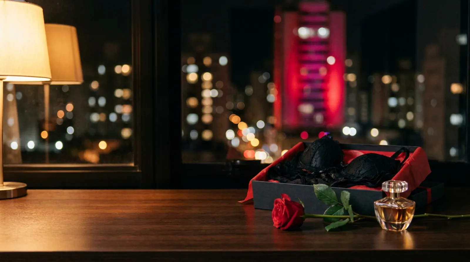 Caixa de presente com lingerie preta, rosa vermelha e perfume num balcão à noite com a cidade ao fundo