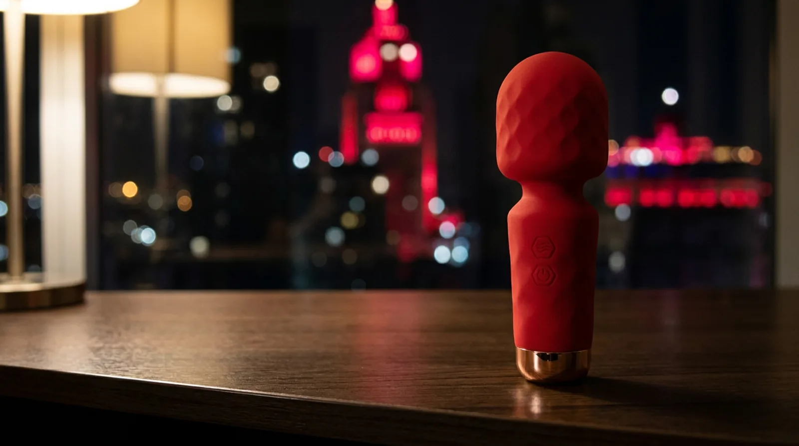 Mini varinha mágica vermelha texturizada em pé sobre a mesa, com a cidade iluminada à noite pela janela