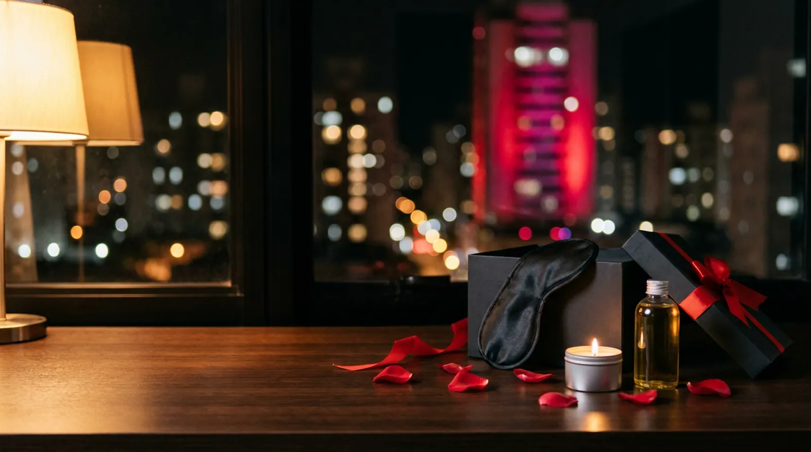 Caixa de presente preta com laço vermelho, venda de cetim, vela e óleo de massagem num balcão à noite
