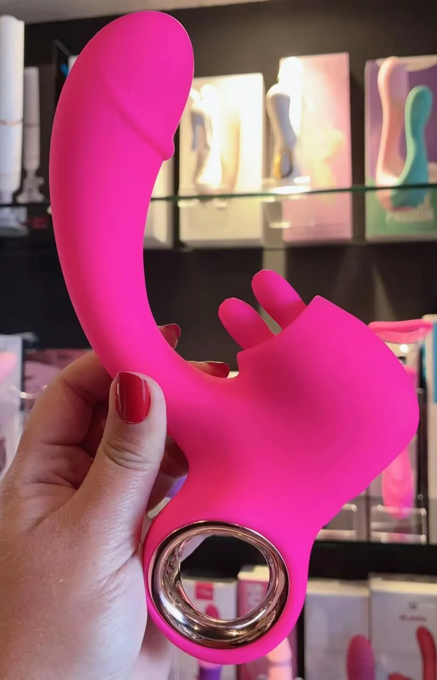 Vibrador com Alça e Estimulador Duplo de Clitóris - 10 Vibrações e 10 Estímulos - 20 cm